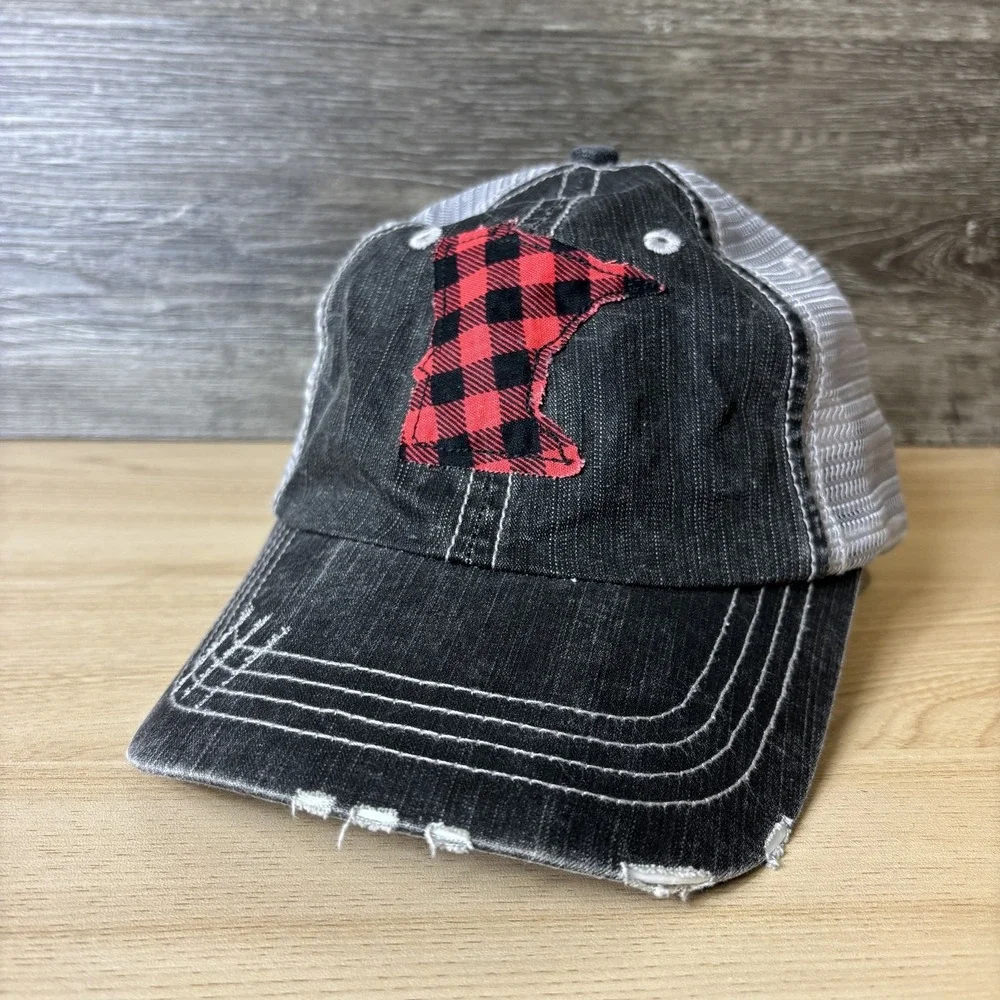 Minnesota Hat Cap Strap Back Black Gray Mesh Trucker Plaid Patch Red Mens